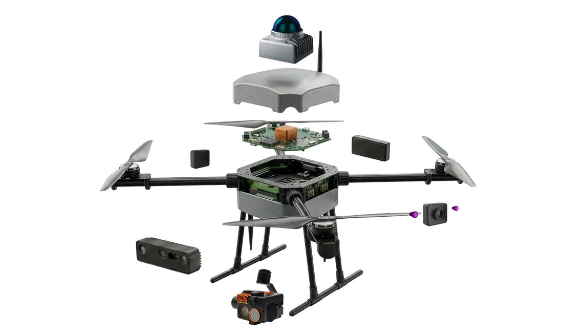 Exploded view of the Argentswarm drone showing its sensors and modules