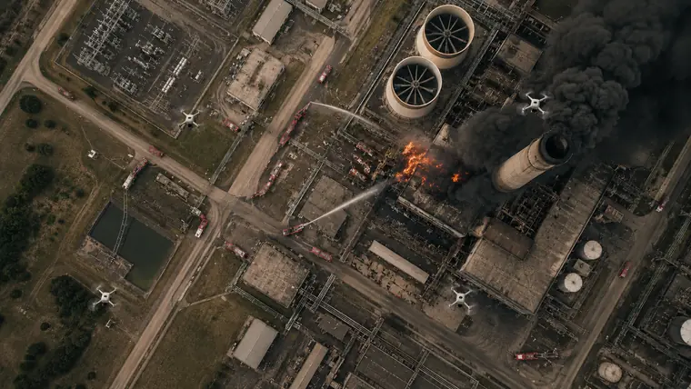 Aerial view of drones monitoring an industrial facility on fire